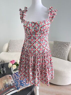 Caroline Constas Red & Green Floral Tile Ruffle Strap Mini Dress